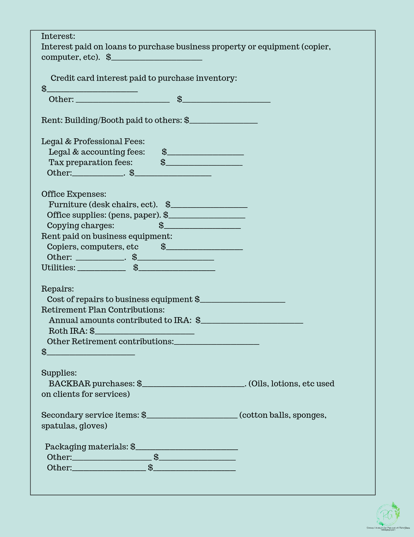 7 page Tax Worksheets set for Expenses & Income! Be ready for Year End!