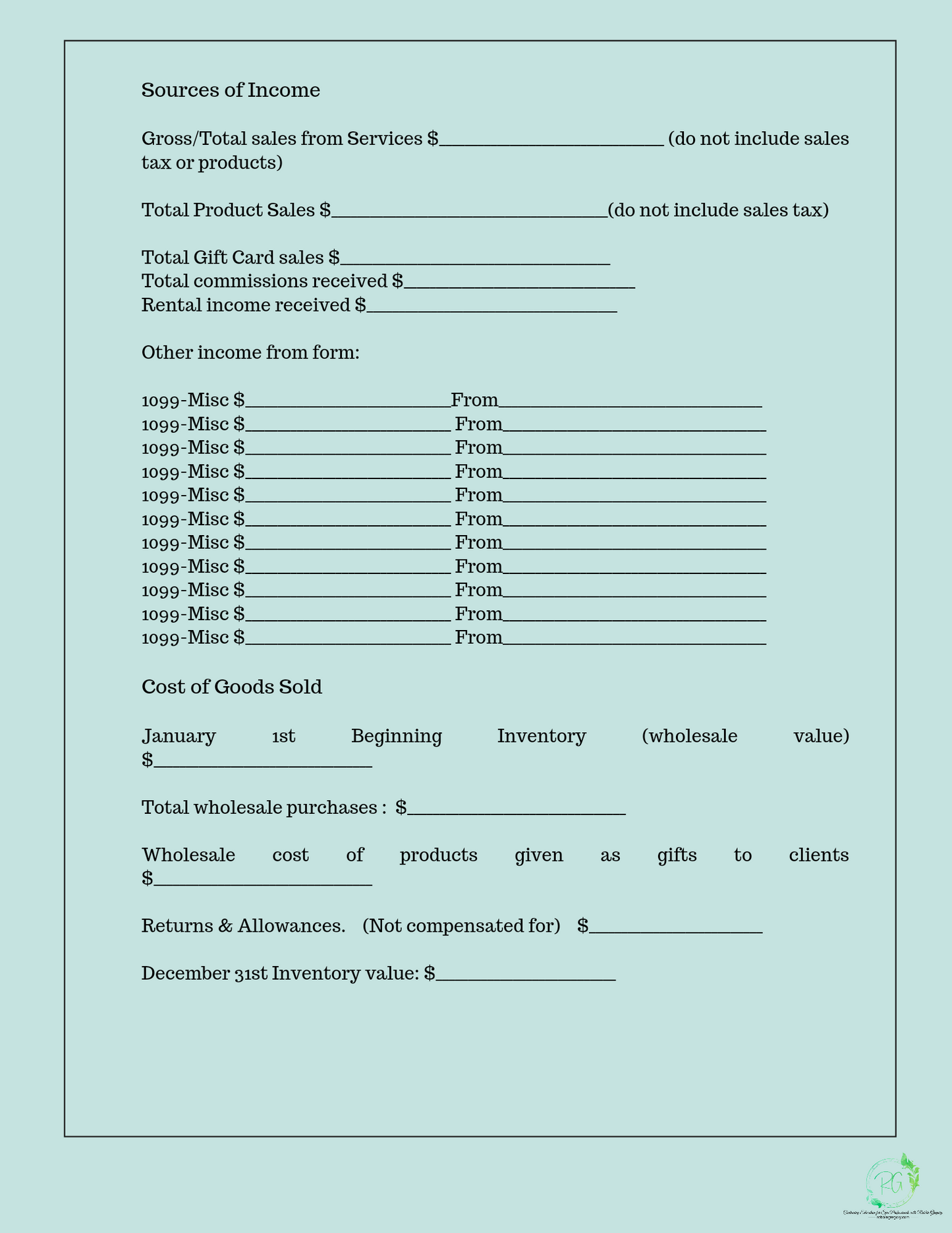 7 page Tax Worksheets set for Expenses & Income! Be ready for Year End!